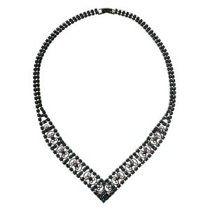 Vintage 60s Navy Blue Rhinestone Statement Necklace V Shape Filigree Collar